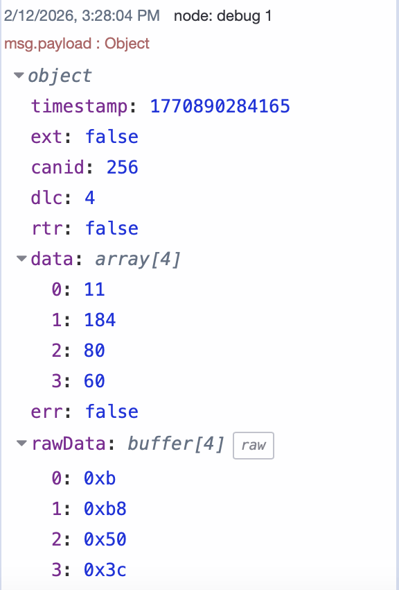 Debug output showing a received CAN message in FlowFuse Debug output showing a received CAN message in FlowFuse