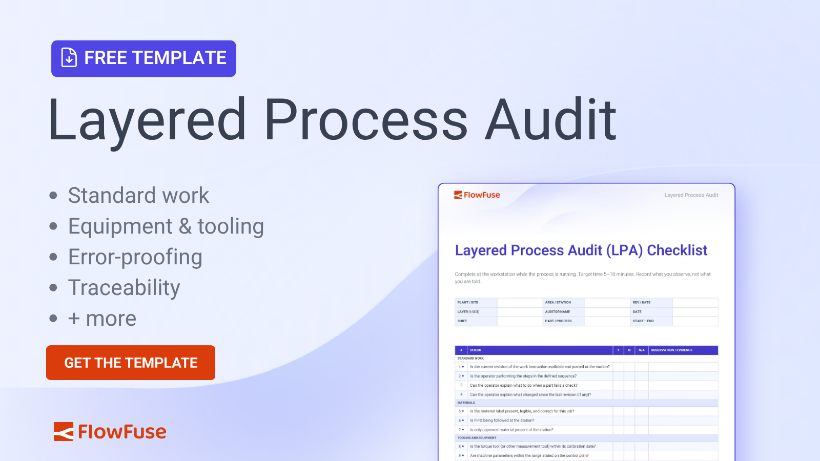 Free download: layered process audit checklist template covering standard work, equipment and tooling, error-proofing, and traceability