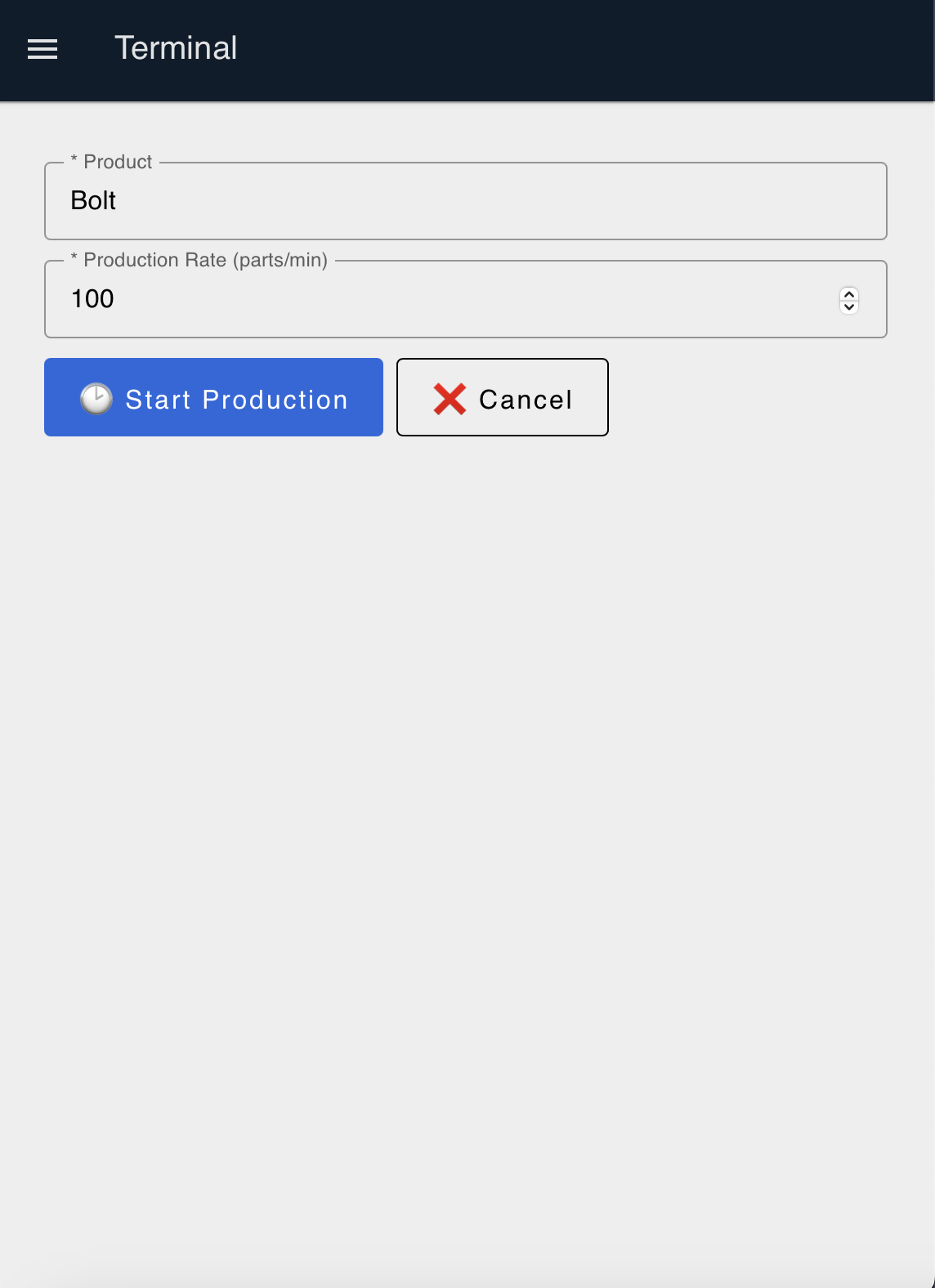 Production configuration form with input fields for product name and production rate